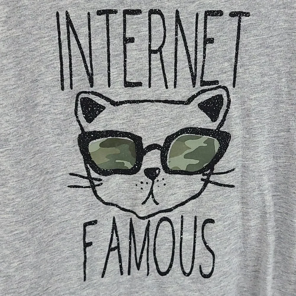 Justice Girls 8 Gray Long Sleeve INTERNET FAMOUS Cat Camo Shades Shirt T-Shirt
